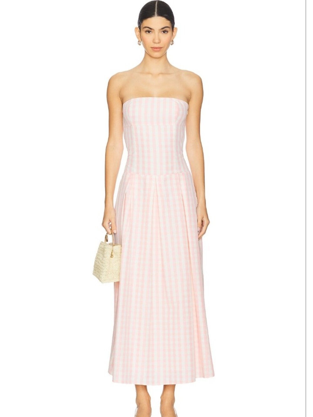 Strapless Pink Gingham Midi Dress